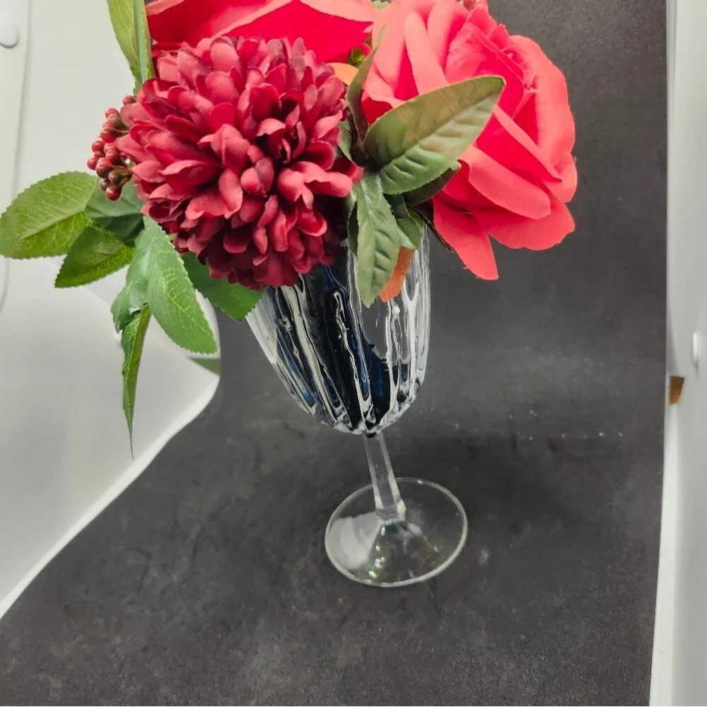 Hand Crafted Floral Table Centerpiece Summer Red Roses Flower Wine Glass